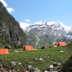 Panoramic view of Deo Tibba Base Camp Trek trail with snow-capped peaks in the background